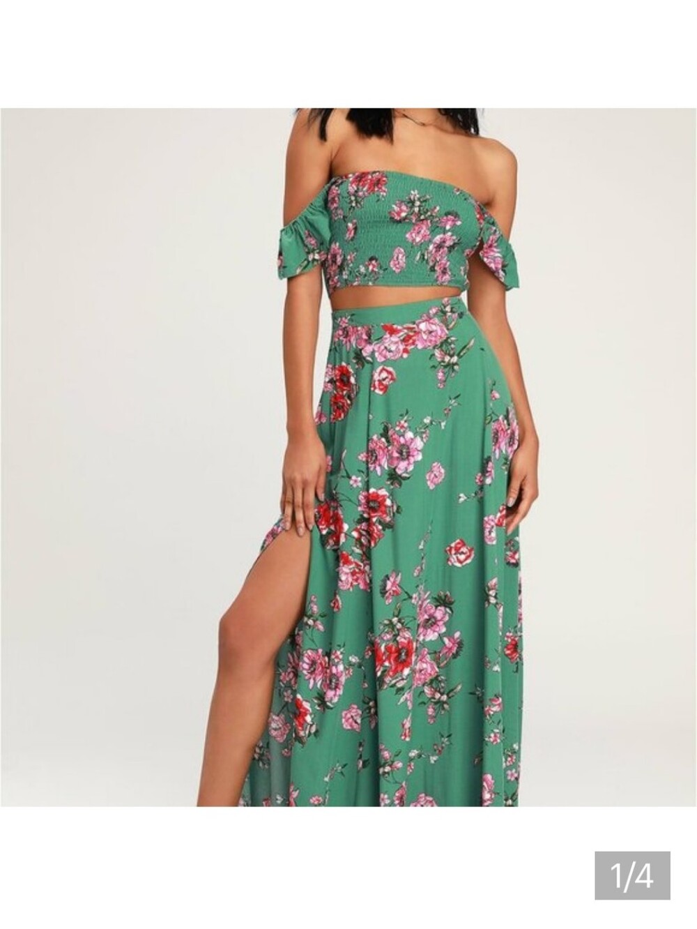 Lulus Away On Vacay Green Floral Print Two-Piece Maxi Skirt Set- Size XL